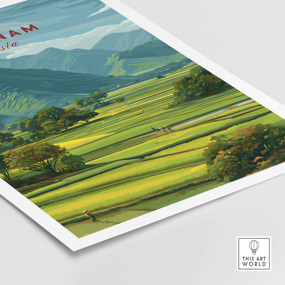 Vibrant Vietnam rice fields landscape print featuring terraced fields and mountains, perfect for home decor.