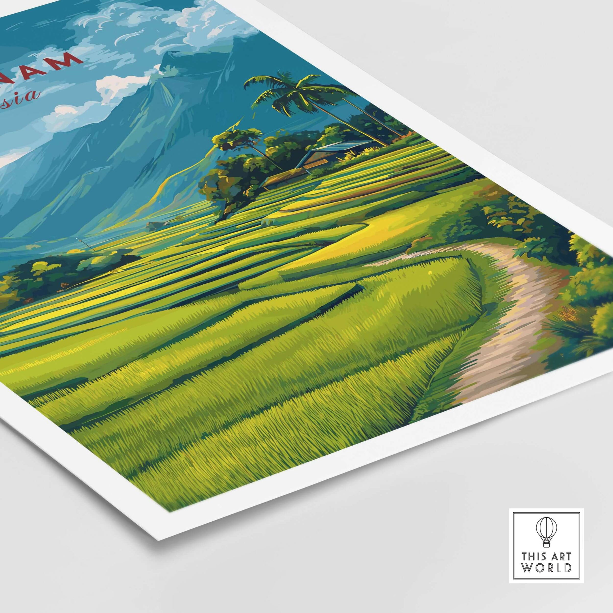Vietnam Travel Poster showcasing lush rice terraces, vibrant green landscapes, and stunning blue mountains.