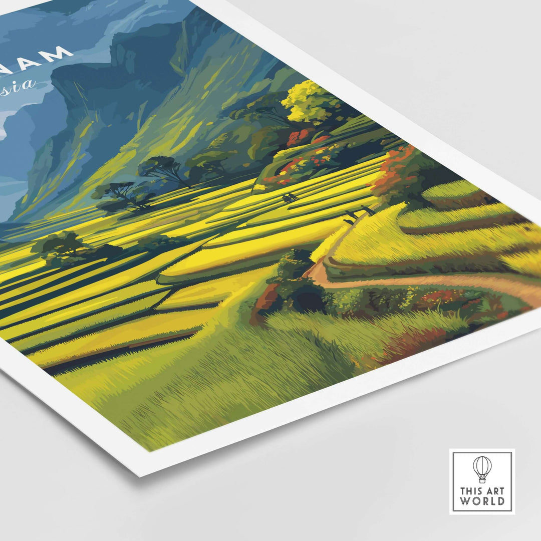 Vietnam rice terraces poster featuring vibrant fields and mountains, perfect for nature lovers and travel enthusiasts.