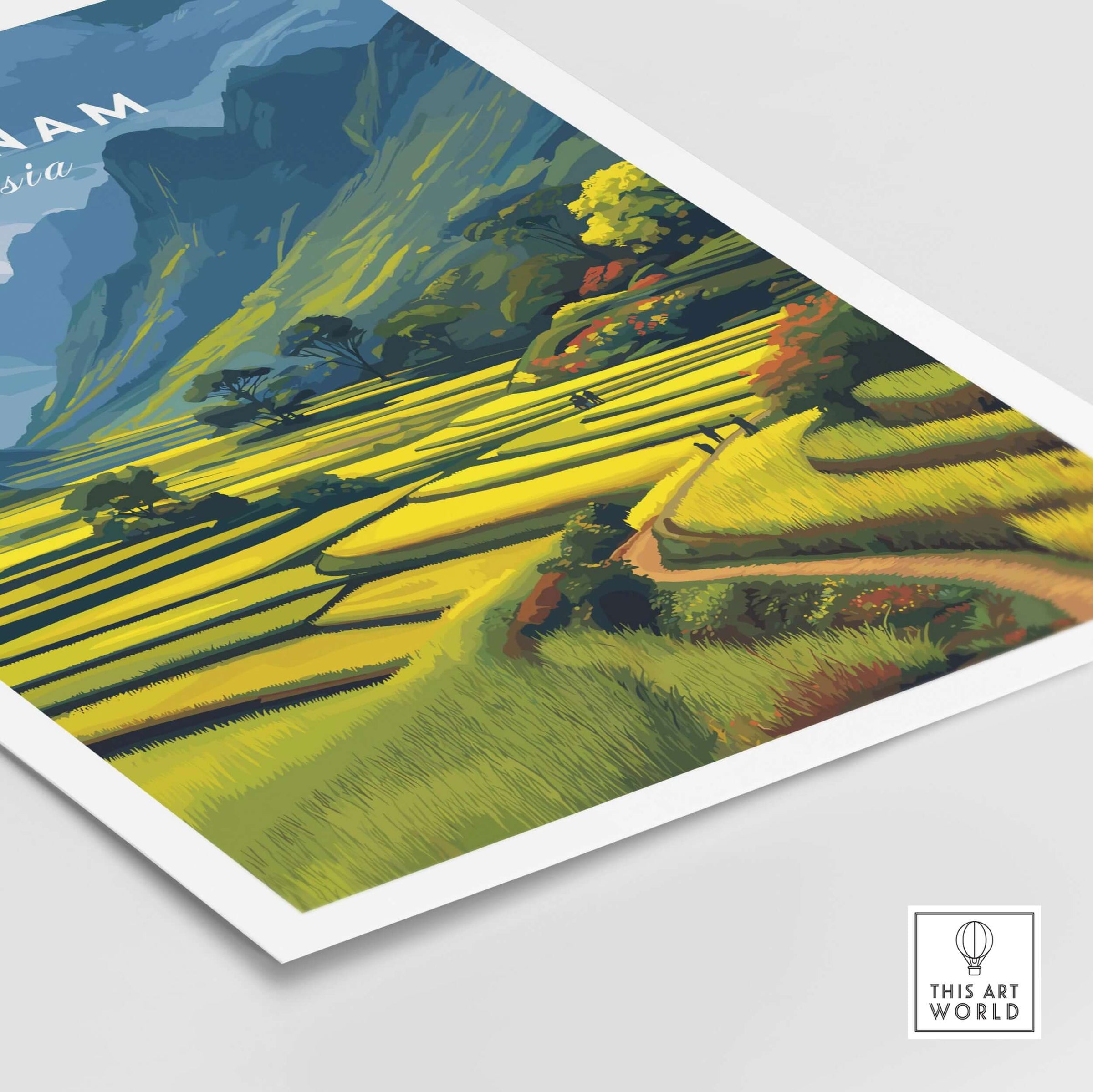 Vietnam Rice Terraces Print - Scenic Mountain Poster showcasing lush fields and mountains.