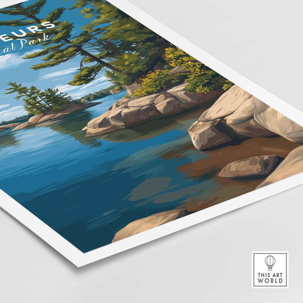 Voyageurs Poster | Nature Landscape Wall Art Print featuring tranquil waters and lush greenery in a serene setting.