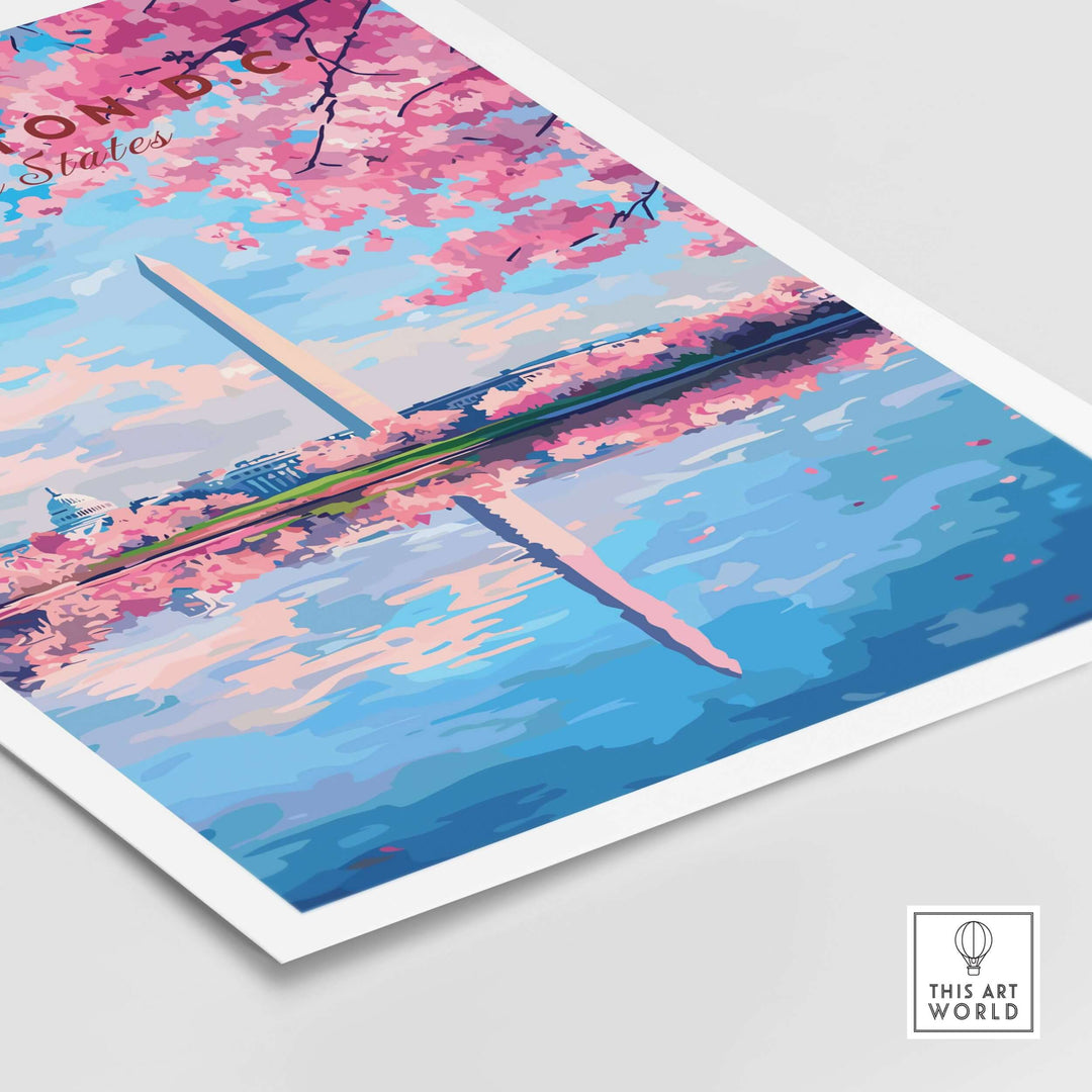 Washington D.C. Cherry Blossom poster featuring the Jefferson Memorial and reflecting water, perfect for nature lovers.