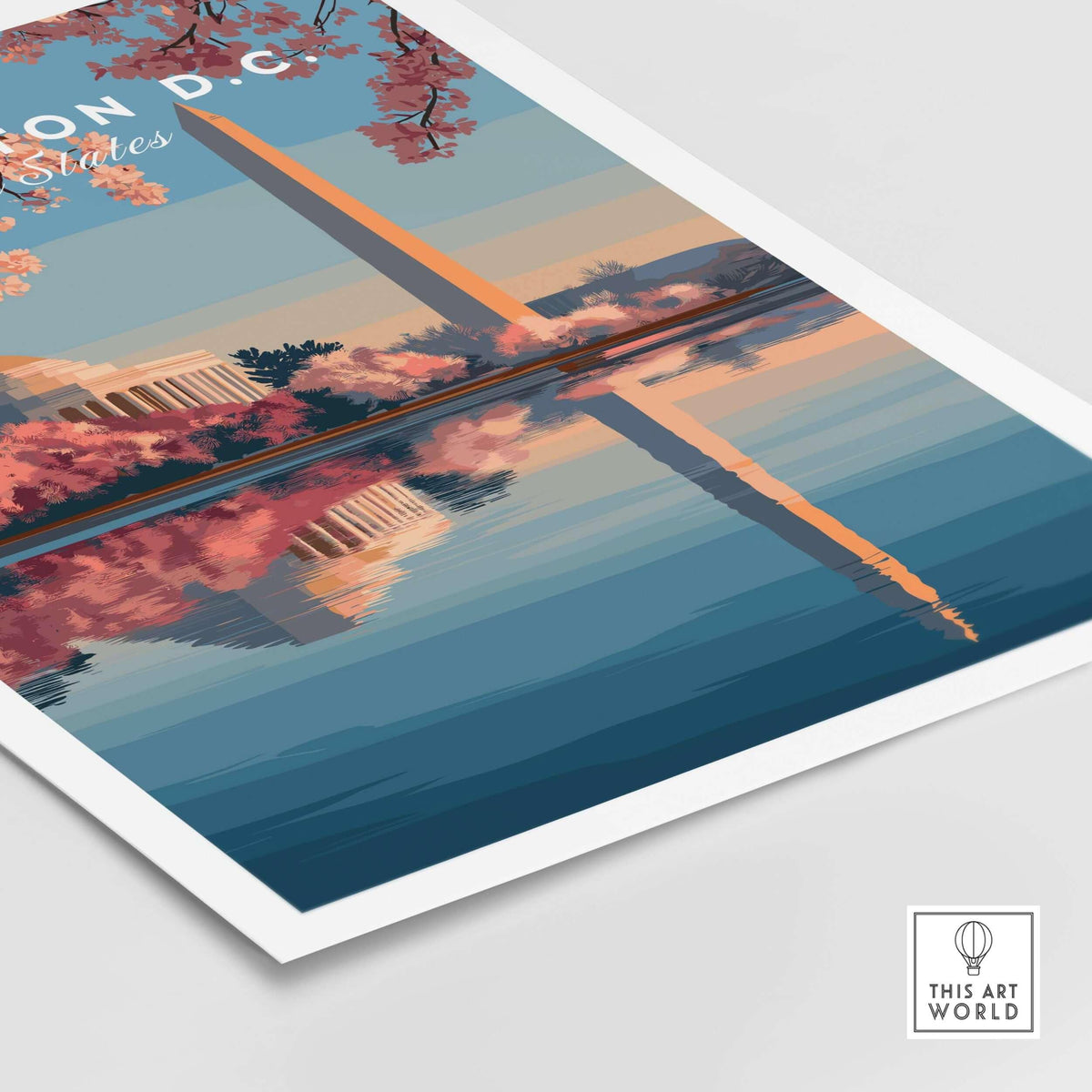 Washington D.C. Poster - Jefferson Memorial & Washington Monument Print - Cherry Blossom Wall Art showcasing cherry blossoms.