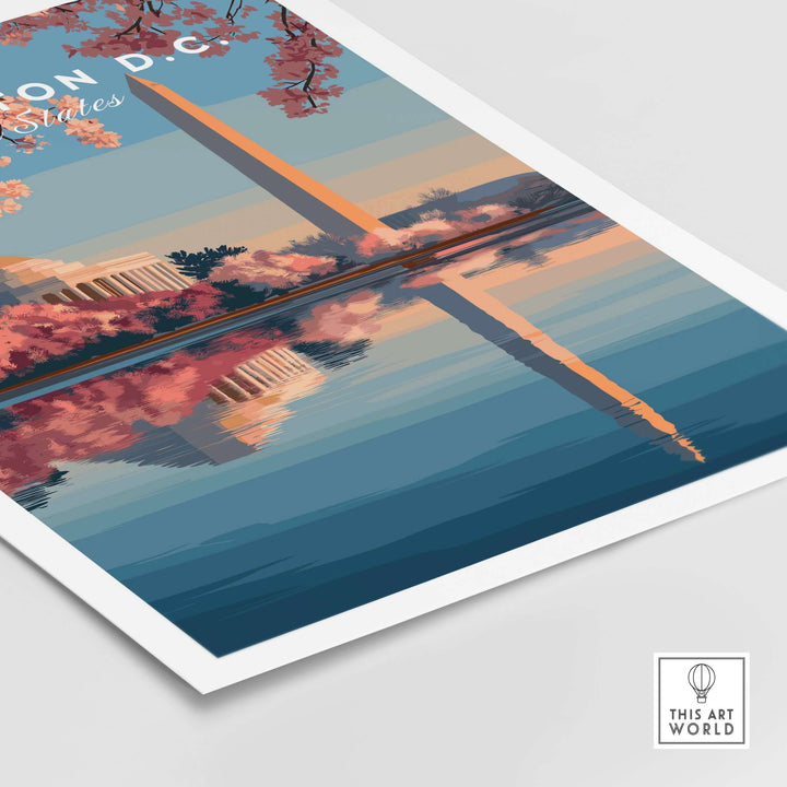 Washington D.C. poster featuring Jefferson Memorial, Washington Monument, and cherry blossoms in vibrant colors.