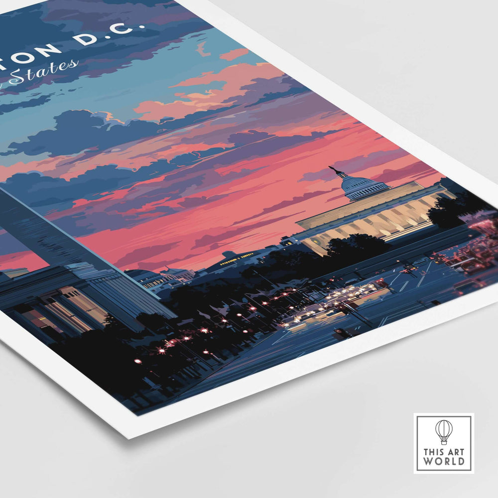 Washington D.C. skyline poster featuring the Capitol and Washington Monument at sunset.