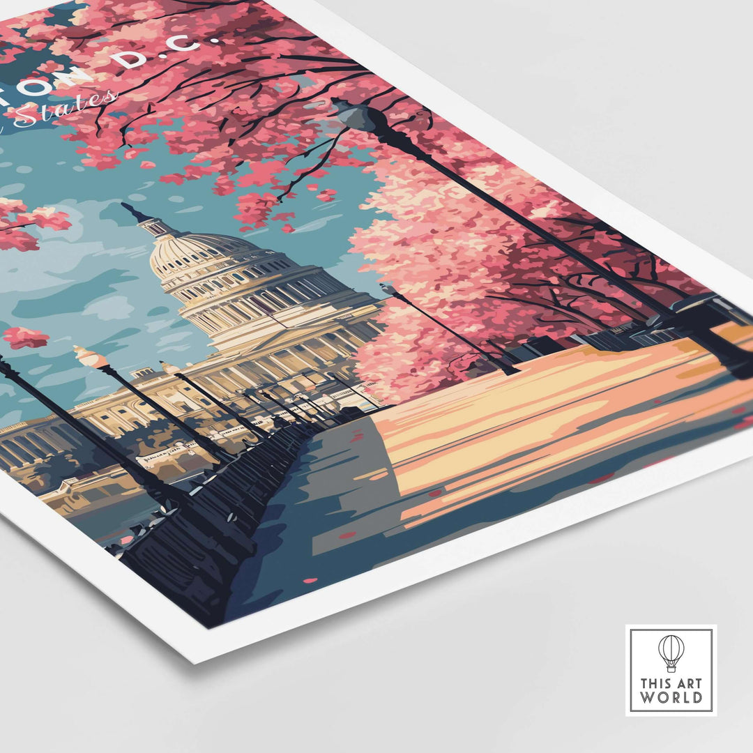 Washington D.C. Capitol print framed by blooming cherry blossoms, celebrating springtime beauty.