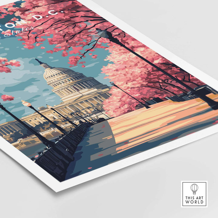 Washington D.C. Capitol print framed by blooming cherry blossoms, celebrating springtime beauty.