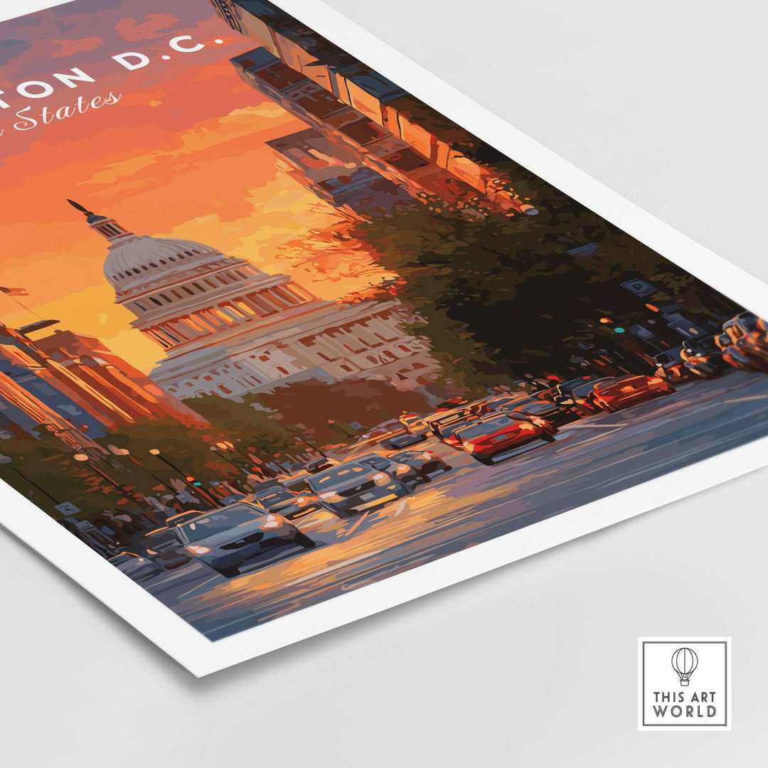 Washington D.C. Capitol Building sunset print showcasing iconic architecture and urban scenery.