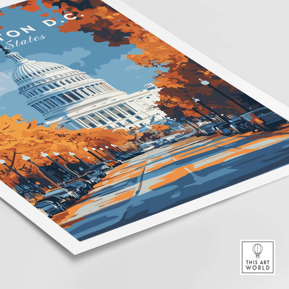 Washington D.C. Autumn Capitol View Print showcasing Capitol building amidst vibrant fall foliage.