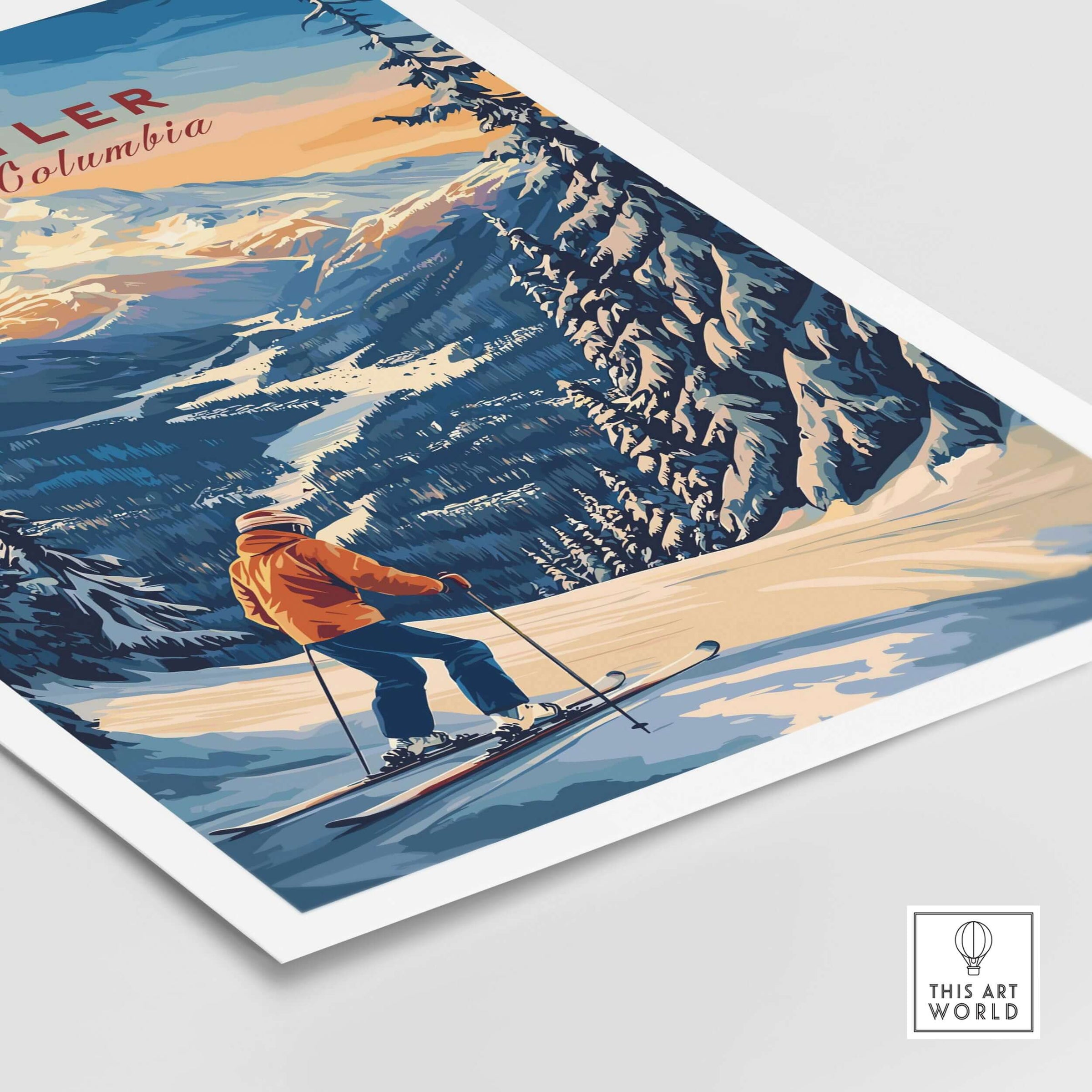 Whistler travel poster featuring a skier on snowy slopes in British Columbia's picturesque mountains.