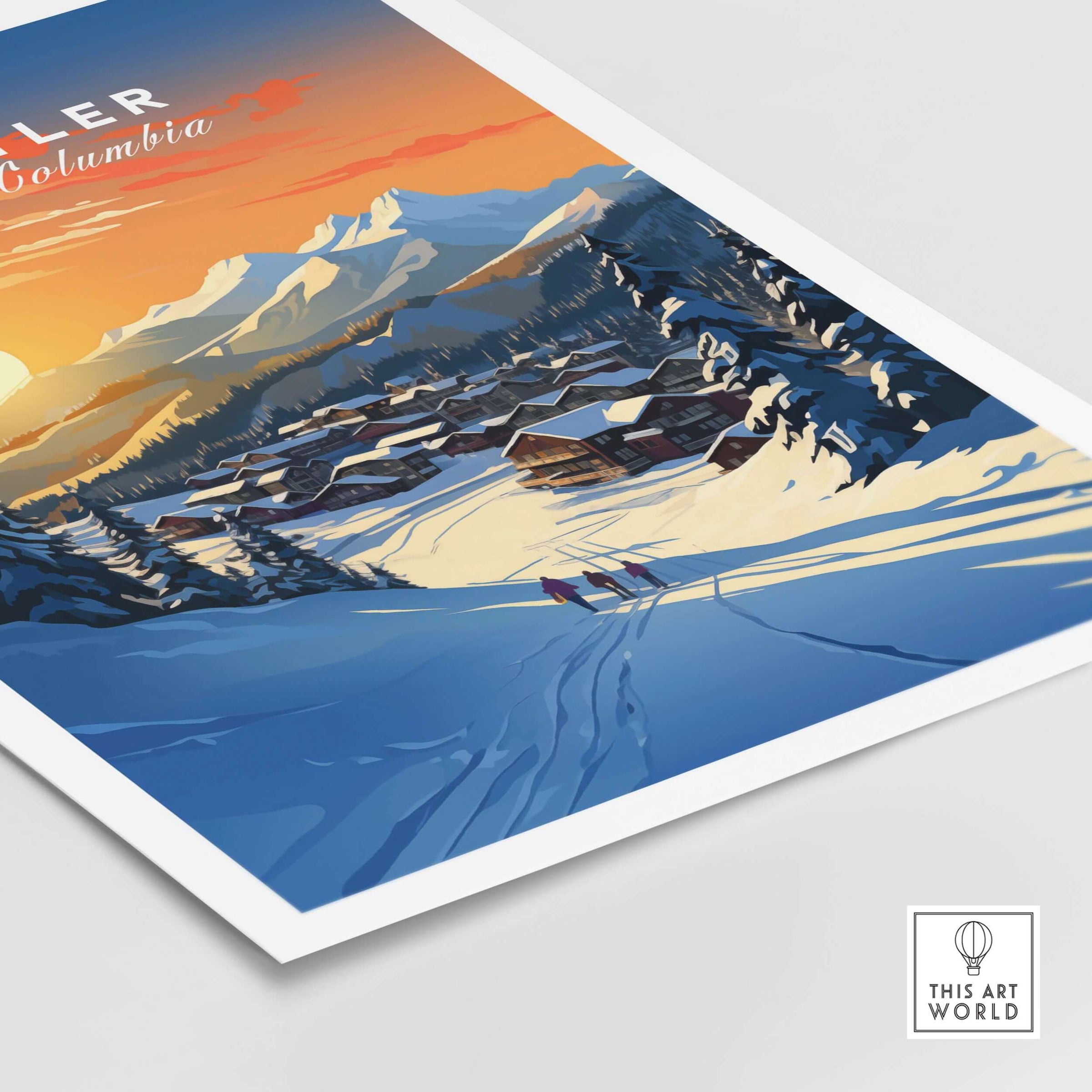 Whistler Wall Art Ski Print showcasing vibrant sunset over ski slopes and cozy cabins in Whistler, British Columbia.