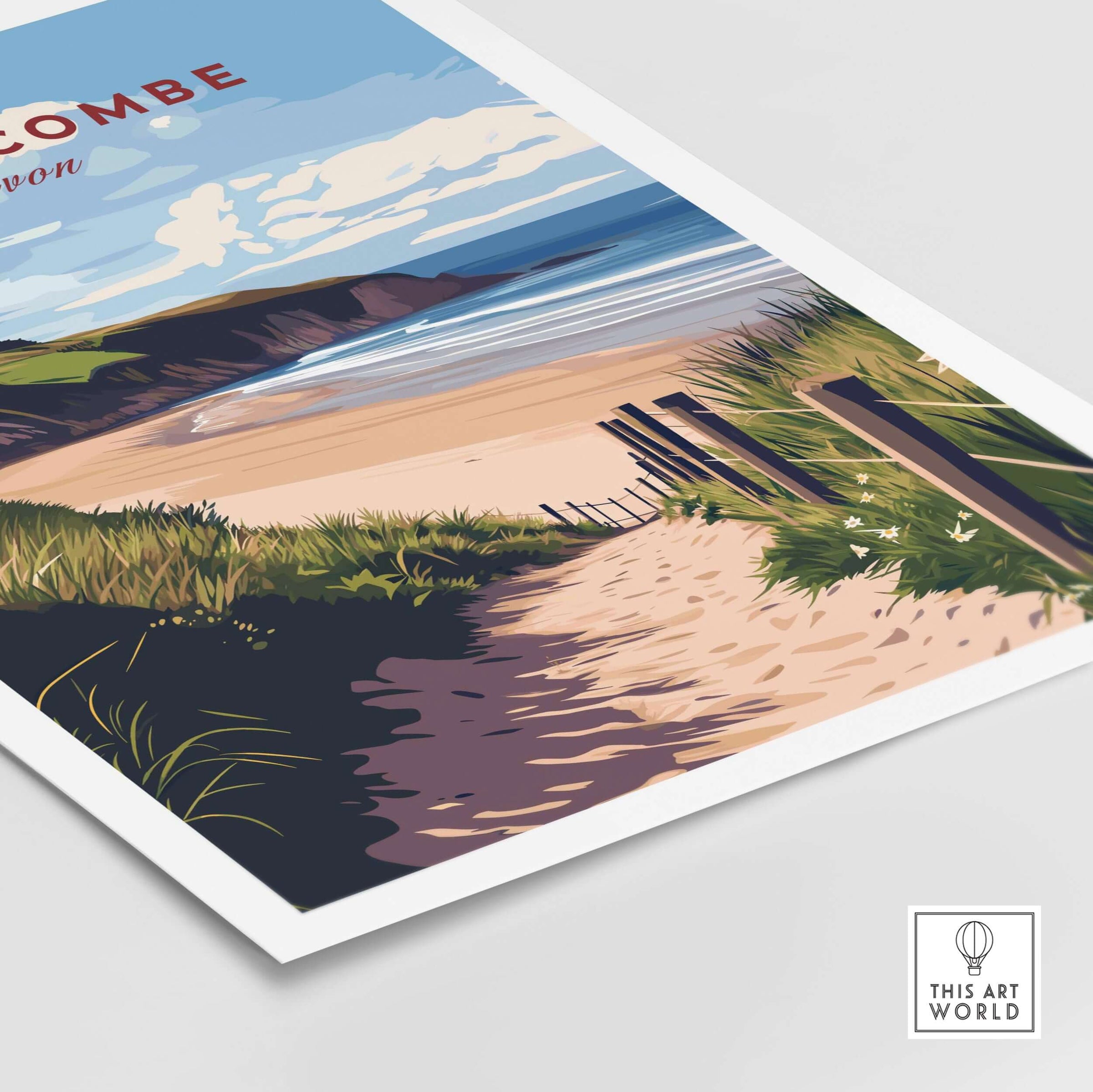 Woolacombe Beach Path Print - Coastal Devon Wall Art showcasing a scenic beach path surrounded by nature.