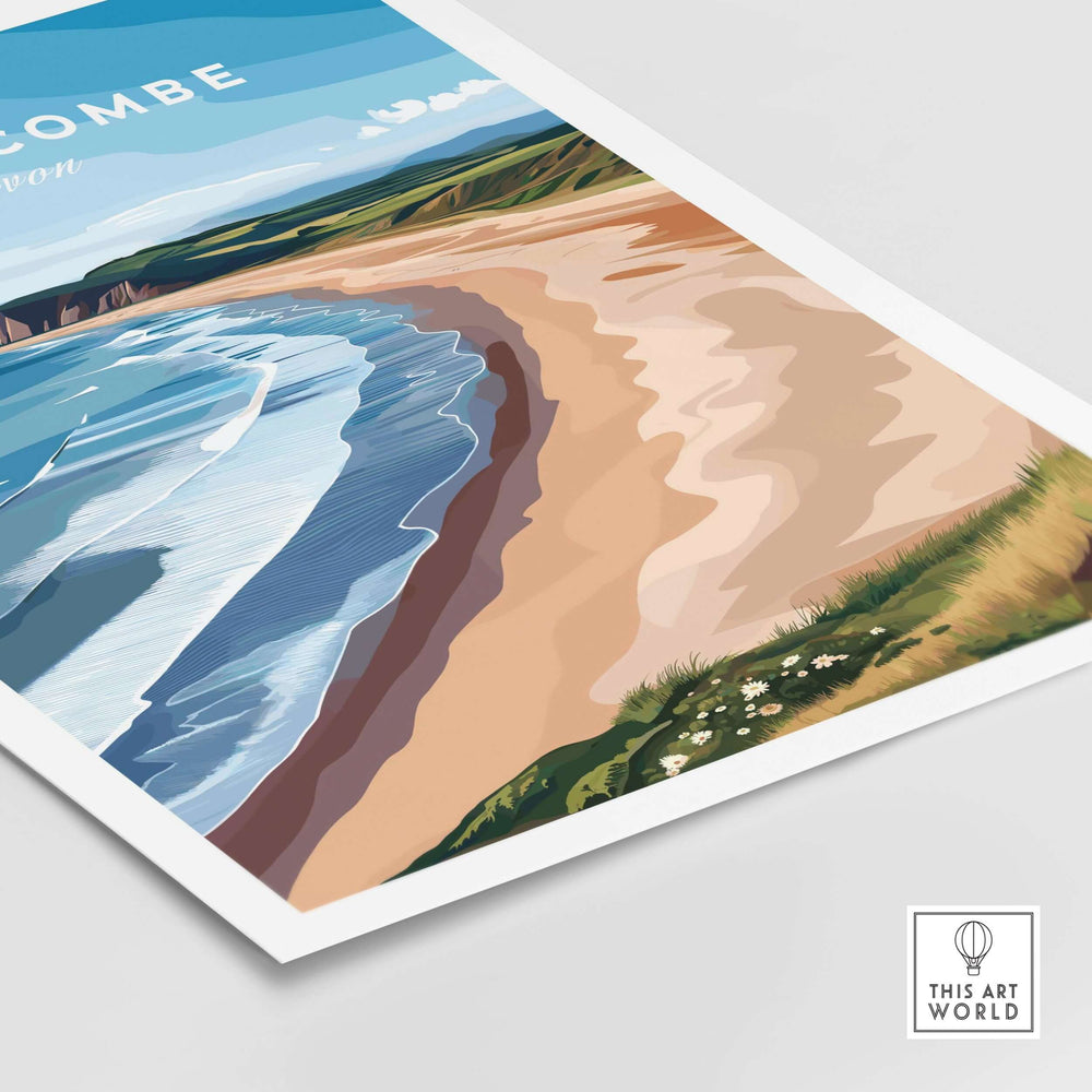 Woolacombe Devon beach sunset poster showcasing rolling waves and sandy shores in vibrant colors.