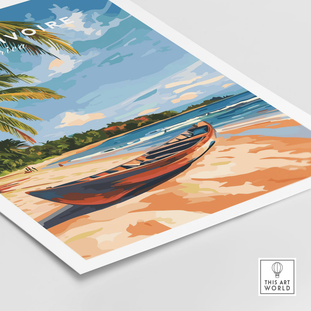 Côte d'Ivoire beach wall art featuring a colorful boat on a sandy shore with palm trees, capturing the Ivory Coast's serenity.