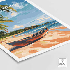 Côte d'Ivoire Beach Wall Art featuring a serene beach scene with a boat and palm trees.