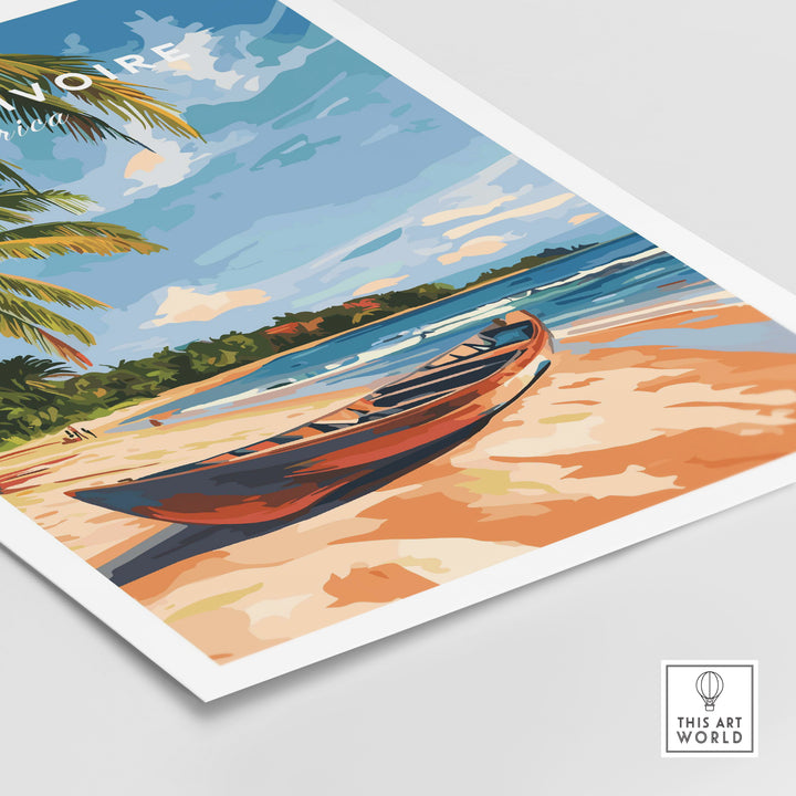 Côte d'Ivoire beach wall art featuring a colorful boat on a sandy shore with palm trees, capturing the Ivory Coast's serenity.