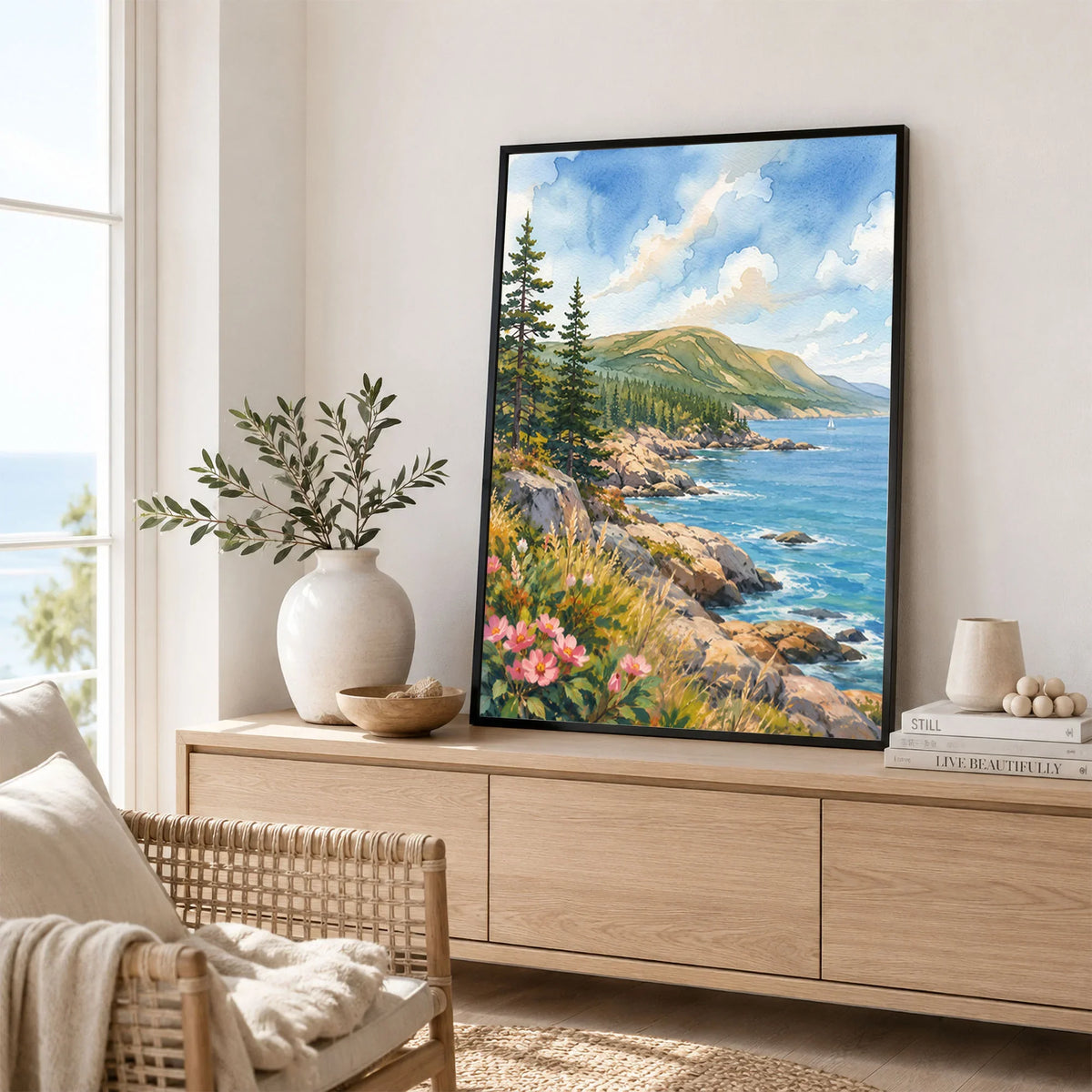 Acadia National Park rocky coastline and pines watercolour art print framed in a living room