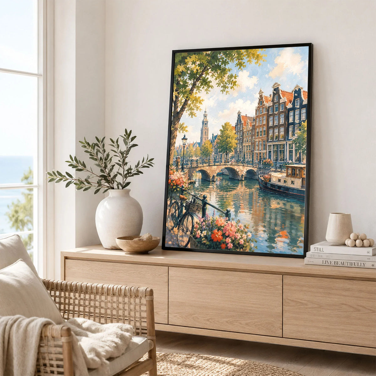 Amsterdam canal houses and bridge watercolour art print framed in a living room