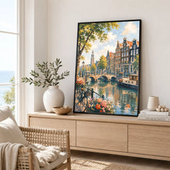 Amsterdam canal houses and bridge watercolour art print framed in a living room