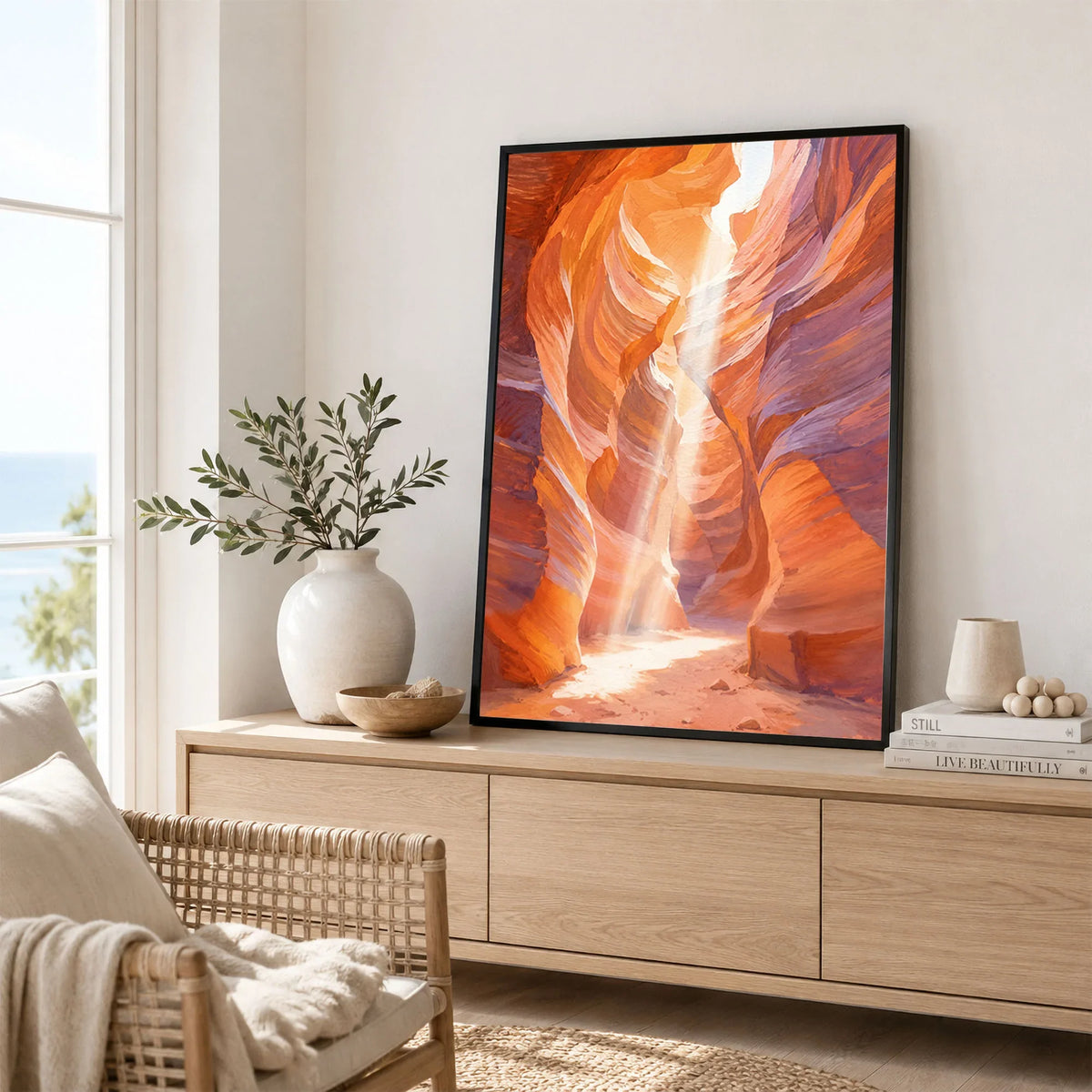 Antelope Canyon slot canyon light beam watercolour art print framed in a living room