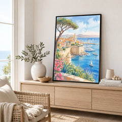 Antibes old town ramparts and harbour watercolour art print framed in a living room
