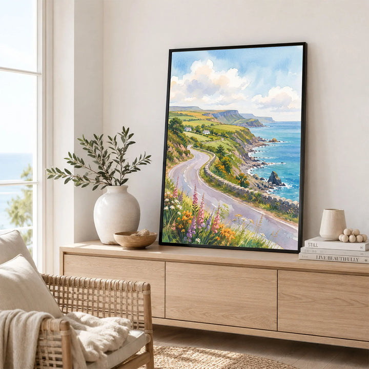 Antrim Coast winding coast road watercolour art print framed in a living room