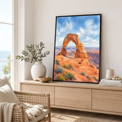 Arches National Park Delicate Arch watercolour art print framed in a living room