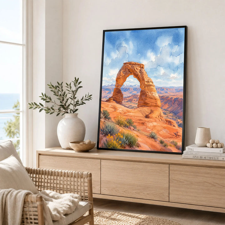 Arches National Park Delicate Arch watercolour art print framed in a living room