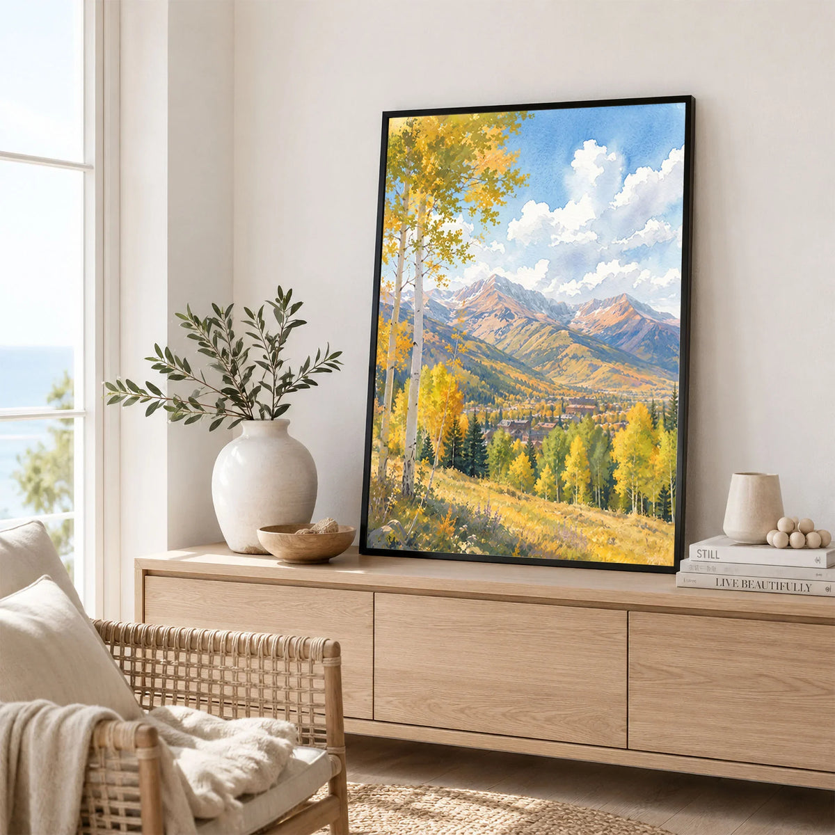 Aspen golden aspen trees and mountains watercolour art print framed in a living room