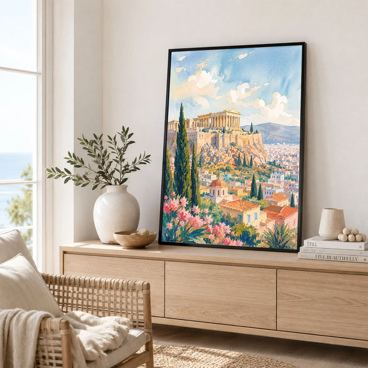 Athens Acropolis and Parthenon watercolour art print framed in a living room
