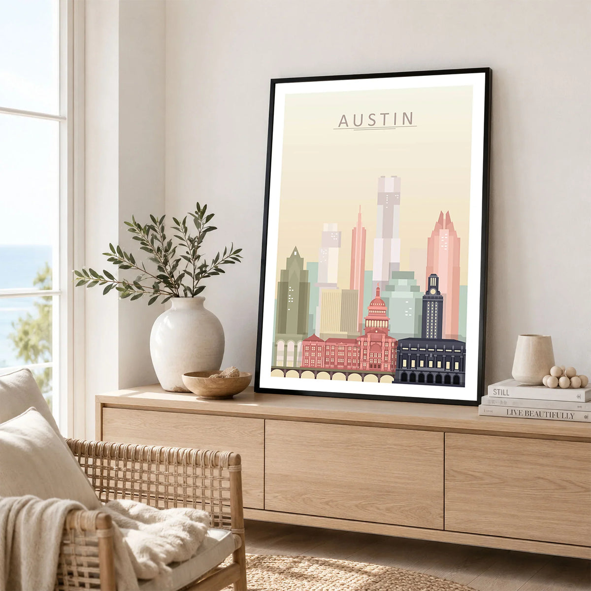 Austin city skyline art print framed in a living room