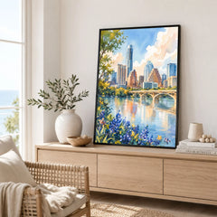 Austin skyline and Lady Bird Lake watercolour art print framed in a living room