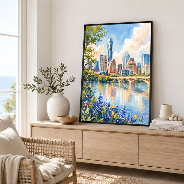 Austin skyline and Lady Bird Lake watercolour art print framed in a living room
