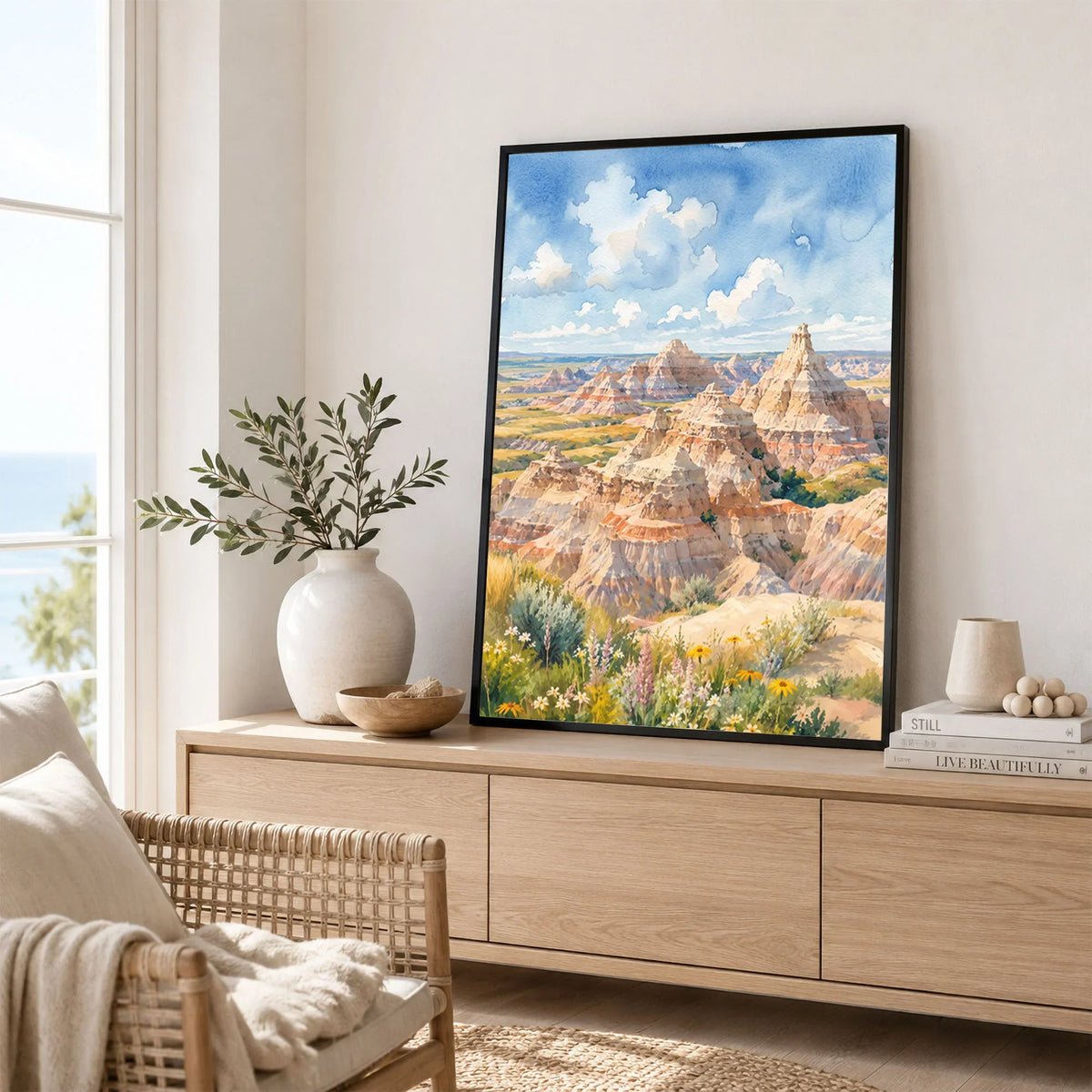 Badlands National Park striped eroded buttes watercolour art print framed in a living room