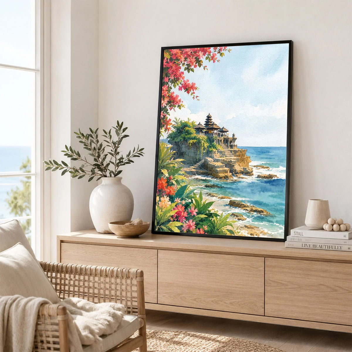Bali Tanah Lot sea temple watercolour art print framed in a living room