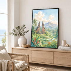 Bali temple gate and rice terraces watercolour art print framed in a living room