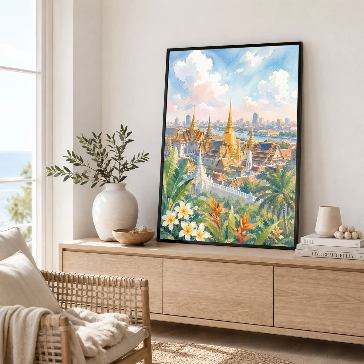 Bangkok Grand Palace golden temples watercolour art print framed in a living room