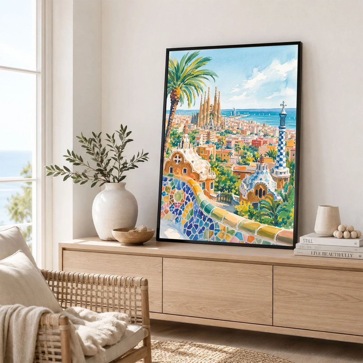 Barcelona Park Güell and Sagrada Família watercolour art print framed in a living room