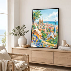 Barcelona Park Güell and Sagrada Família watercolour art print framed in a living room