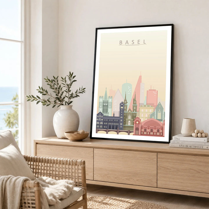 Basel city skyline art print framed in a living room