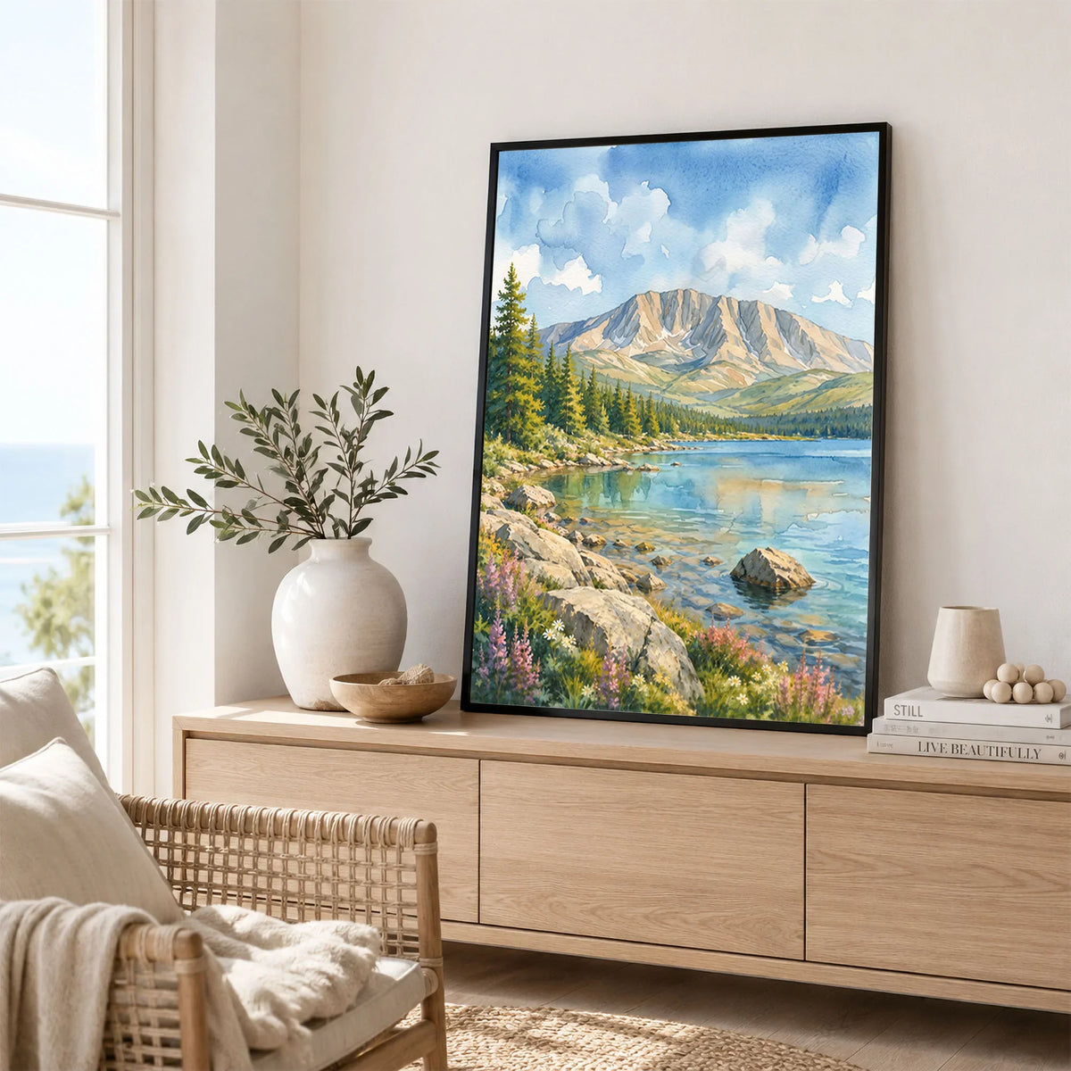 Baxter State Park Mount Katahdin and lake watercolour art print framed in a living room