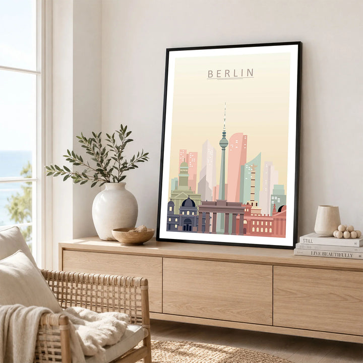Berlin city skyline art print framed in a living room