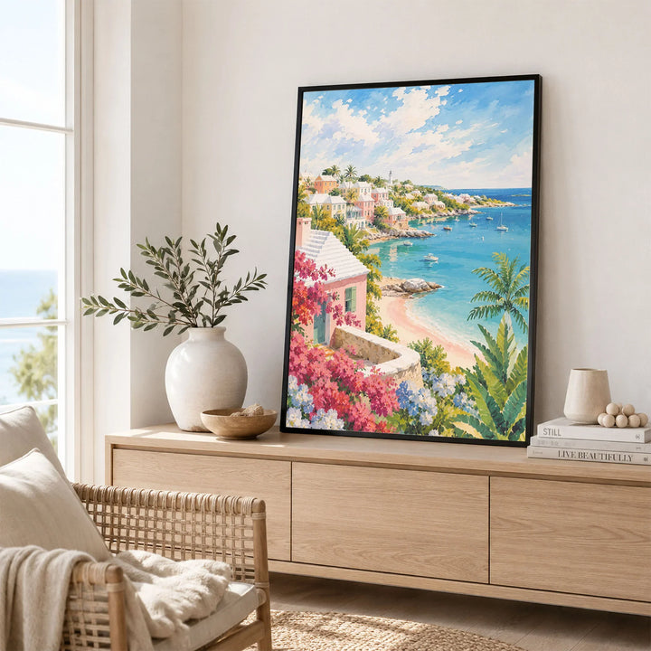 Bermuda pastel cottages and turquoise bay watercolour art print framed in a living room