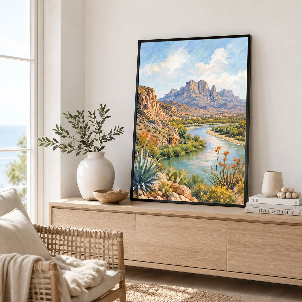 Big Bend National Park Rio Grande and Chisos Mountains watercolour art print framed in a living room