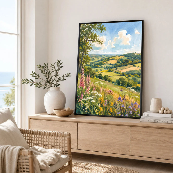 Blackdown Hills foxgloves and patchwork fields watercolour art print framed in a living room