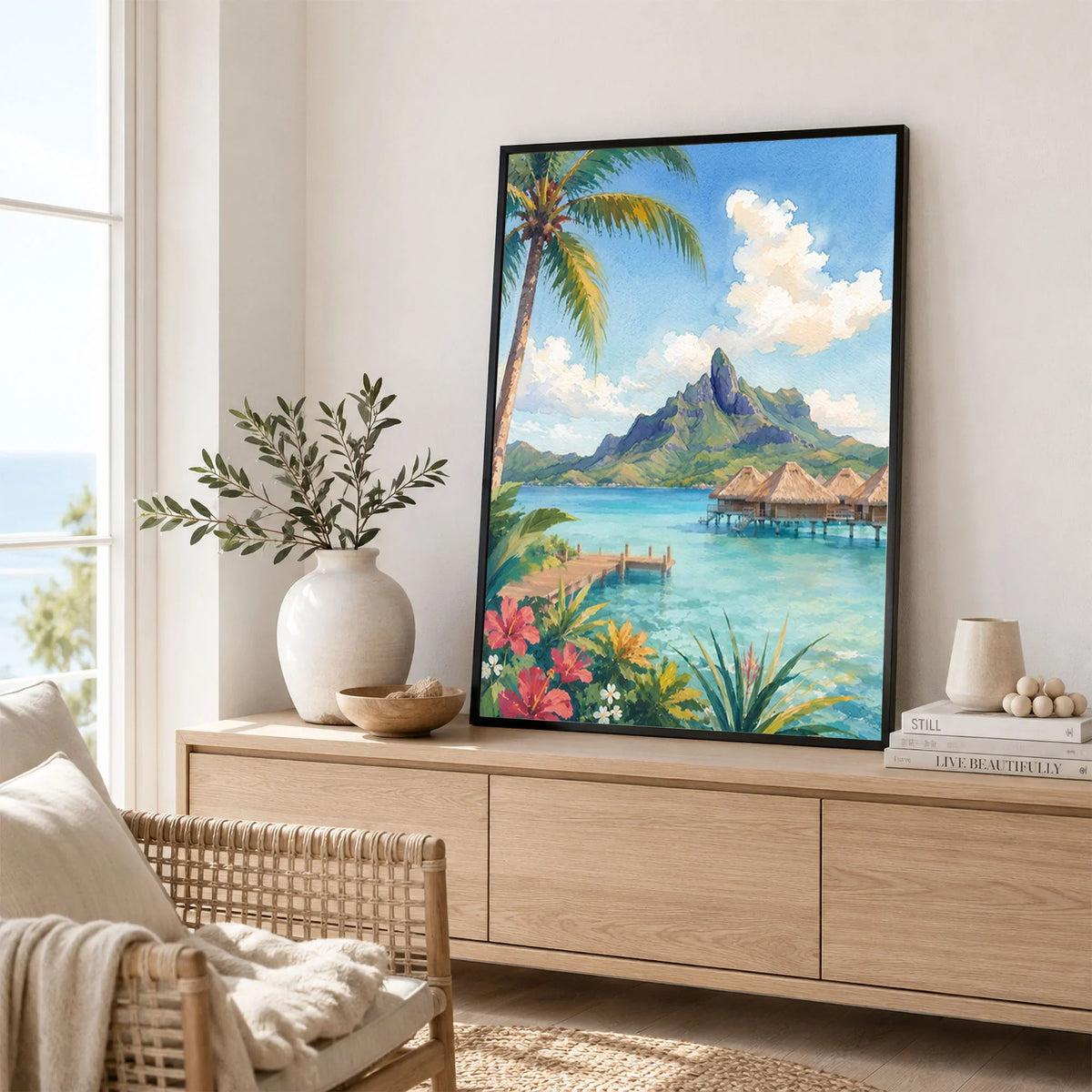 Bora Bora overwater bungalows and Mount Otemanu watercolour art print framed in a living room