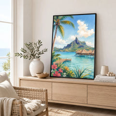 Bora Bora overwater bungalows and Mount Otemanu watercolour art print framed in a living room