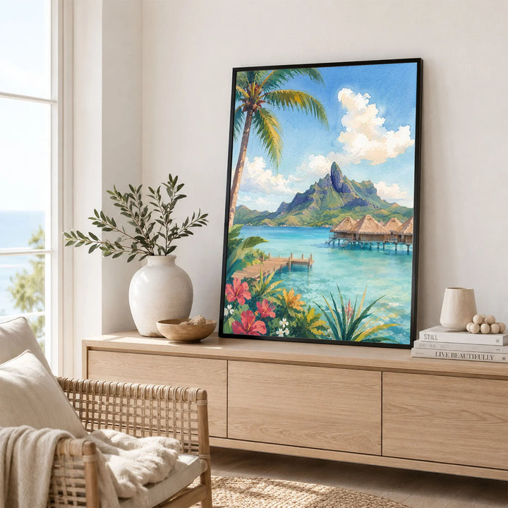 Bora Bora overwater bungalows and Mount Otemanu watercolour art print framed in a living room