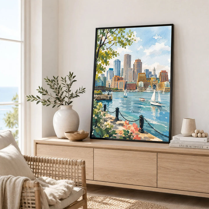 Boston harbour skyline with sailboats watercolour art print framed in a living room