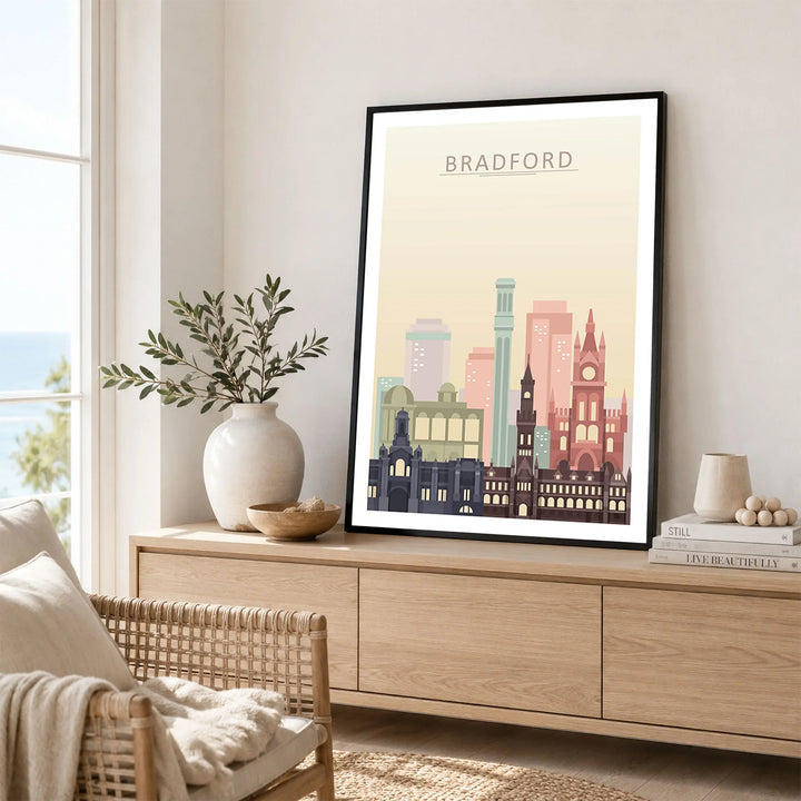 Bradford city skyline art print framed in a living room